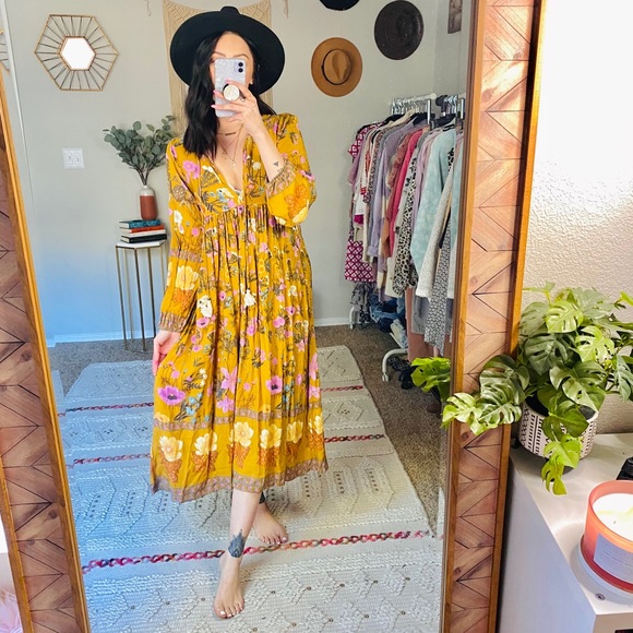 Mustard Yellow Floral Boho Peasant Midi Dress - Picture 7 of 8